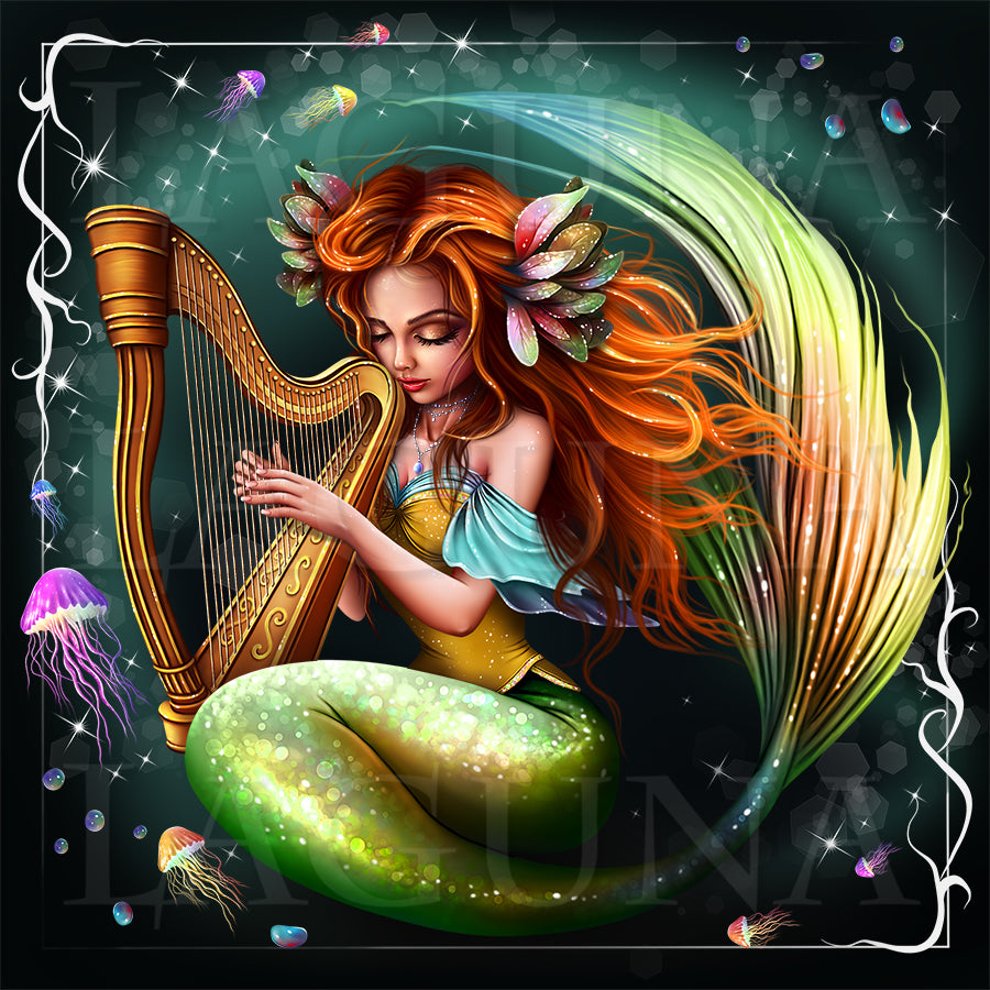 Fantasy illustration of a mermaid with long orange hair, a green tail, and a gold harp, surrounded by glowing jellyfish and sparkles on a dark background.