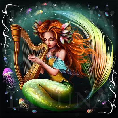Fantasy illustration of a mermaid with long orange hair, a green tail, and a gold harp, surrounded by glowing jellyfish and sparkles on a dark background.