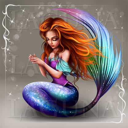A stylized mermaid illustration with long flowing orange hair, a purple and blue tail, and a turquoise top, posed against a gray background with decorative sparkles and a white border.