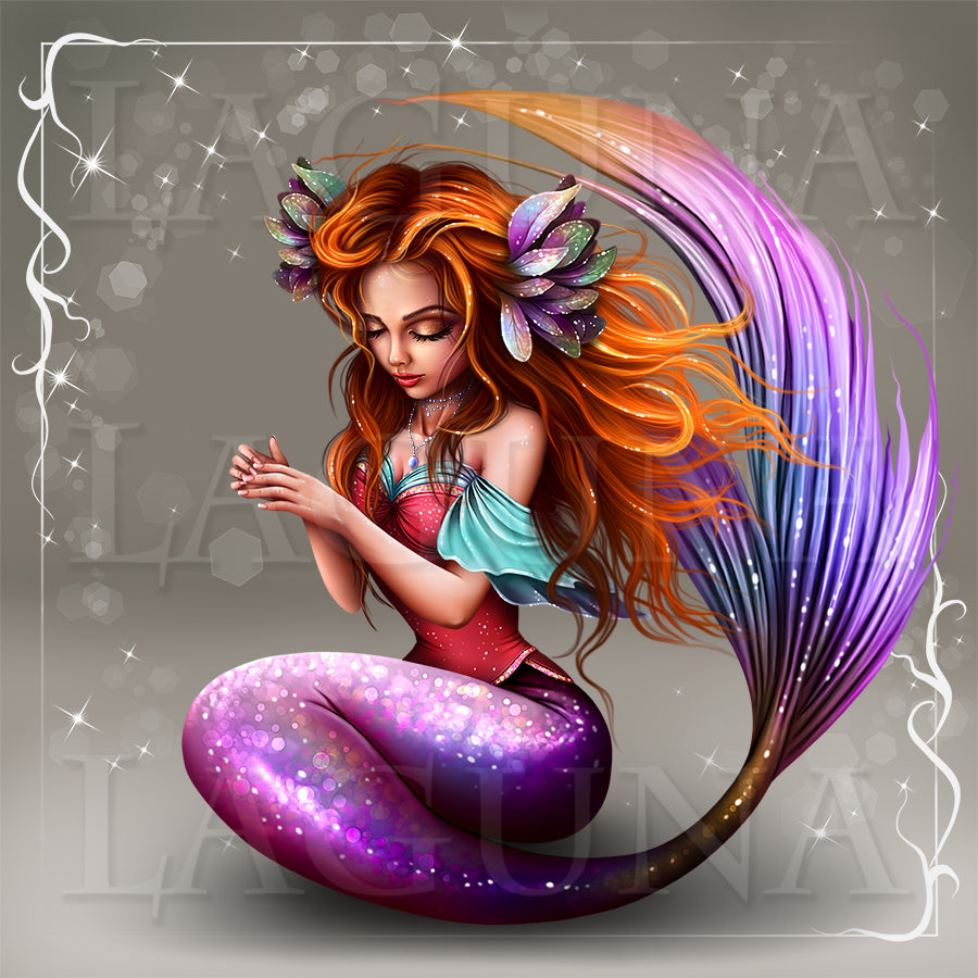 Fantasy digital illustration of a mermaid with long flowing orange hair, a purple and blue tail, and a turquoise top, seated against a gray sparkly background with decorative corner flourishes.