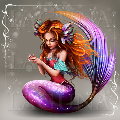 Fantasy digital illustration of a mermaid with long flowing orange hair, a purple and blue tail, and a turquoise top, seated against a gray sparkly background with decorative corner flourishes.