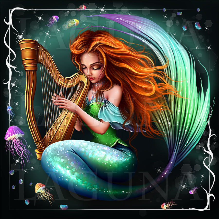Fantasy digital illustration of a mermaid with long flowing orange hair, a green top, and a sparkling blue-green tail playing a large golden harp against a dark magical background with jellyfish and glowing stars.