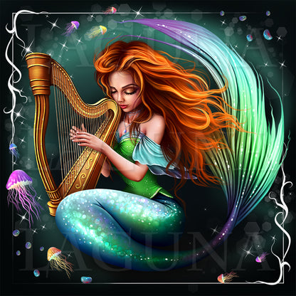 Fantasy digital illustration of a mermaid with long flowing orange hair, a green top, and a sparkling blue-green tail playing a large golden harp against a dark magical background with jellyfish and glowing stars.