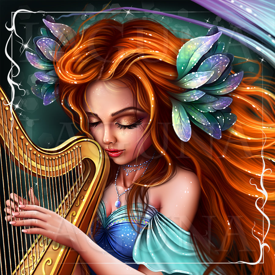 Fantasy digital illustration of a woman with long flowing orange hair playing a golden harp, wearing a blue top and large iridescent leaf-like hair ornaments against a dark teal background.