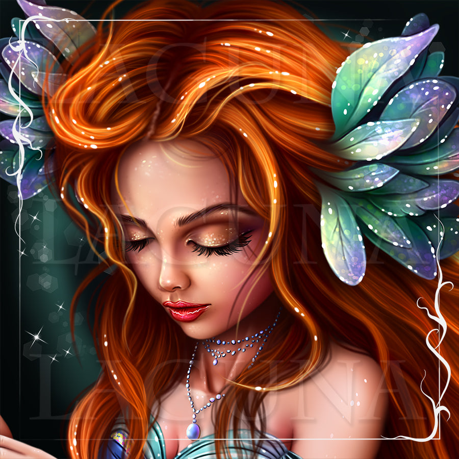 Fantasy digital illustration of a woman with closed eyes, long flowing copper-orange hair, and large iridescent teal and purple leaves in her hair, wearing a blue top and silver necklace against a dark teal background.
