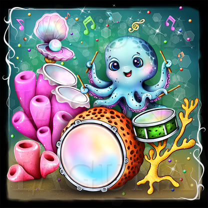 A cute kawaii illustration of a baby octopus playing drums in the form of corals and ocean sponges.