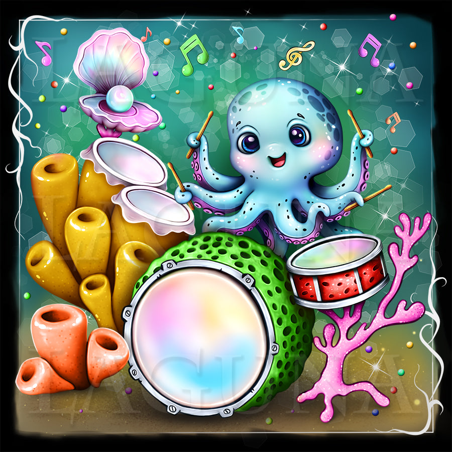 A cute kawaii drawing of an octopus drummer playing multi-colored drums in the form of corals and tube sponges.