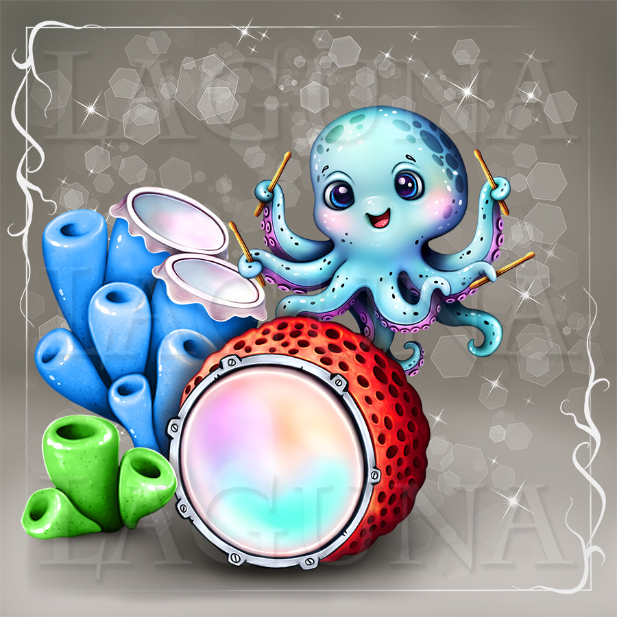Cute baby octopus playing drums of different color options.