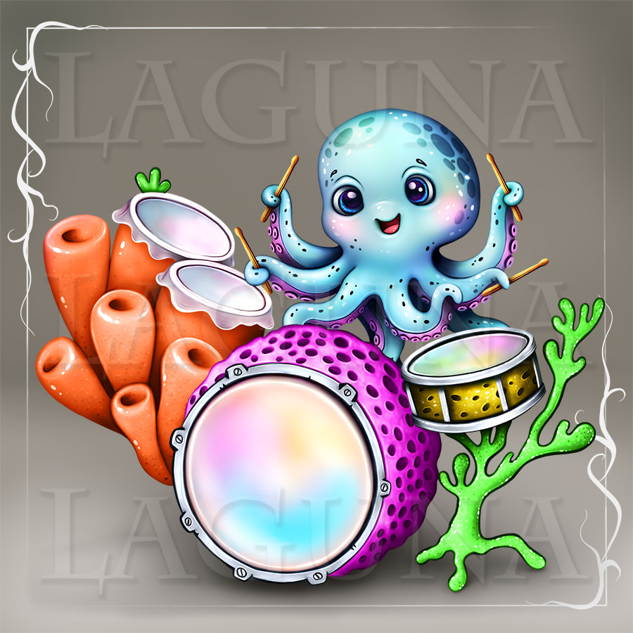 An llustration of a cute smiling octopus surrounded by multi-colored corals and tube sponges.