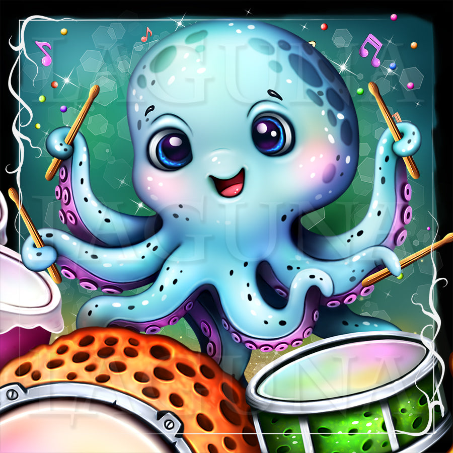 Cute baby octopus playing drams.