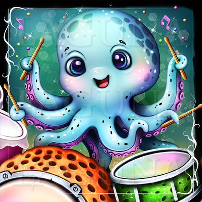 Cute baby octopus playing drams.