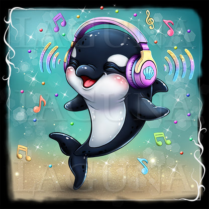 Cartoon orca whale wearing headphones with musical notes on a colorful background