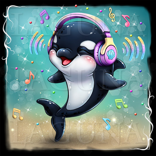 Cartoon orca whale wearing headphones with musical notes on a colorful background