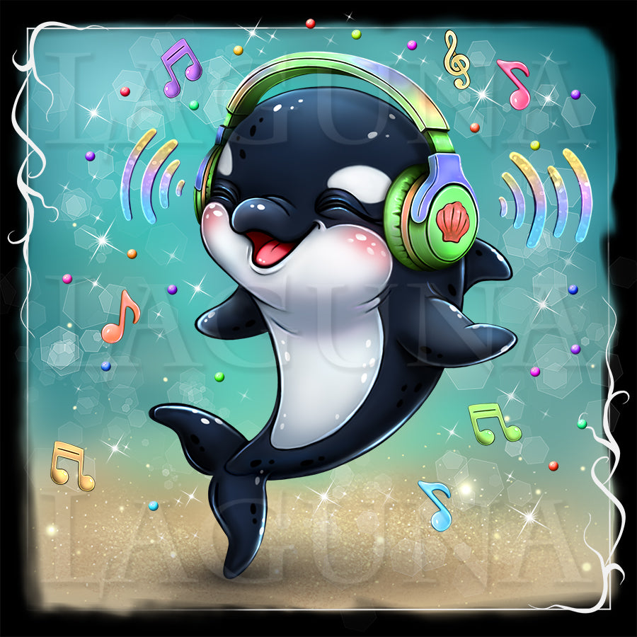 Cartoon orca whale wearing headphones with musical notes around it on a colorful background