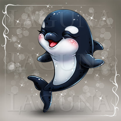 Cartoon orca whale with a happy expression.