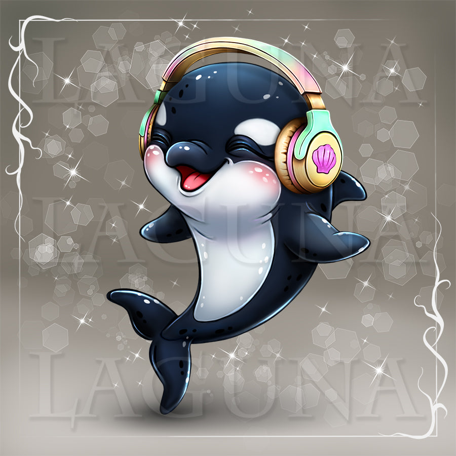 Cartoon orca whale wearing colorful headphones on a decorative background