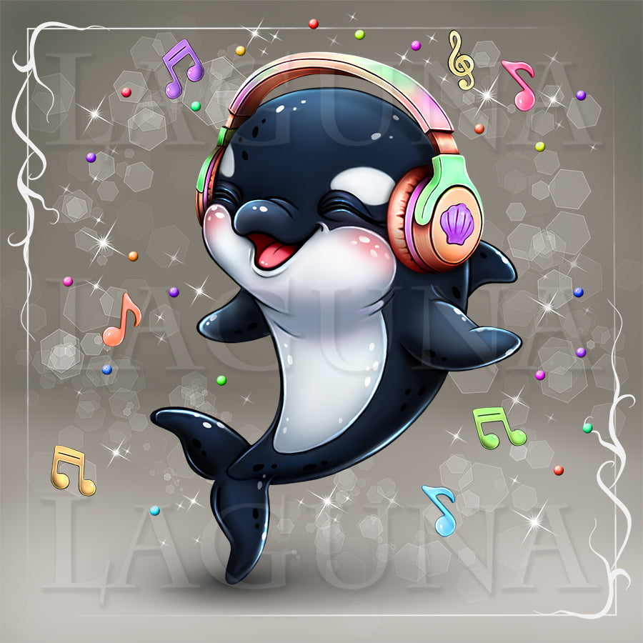 Cartoon orca whale wearing colorful headphones with musical notes around it on a gray background.