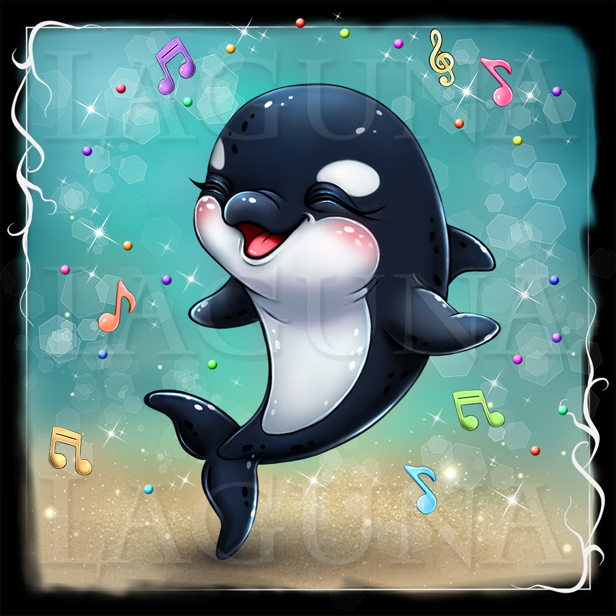 Cartoon orca whale dancing with musical notes on a colorful background