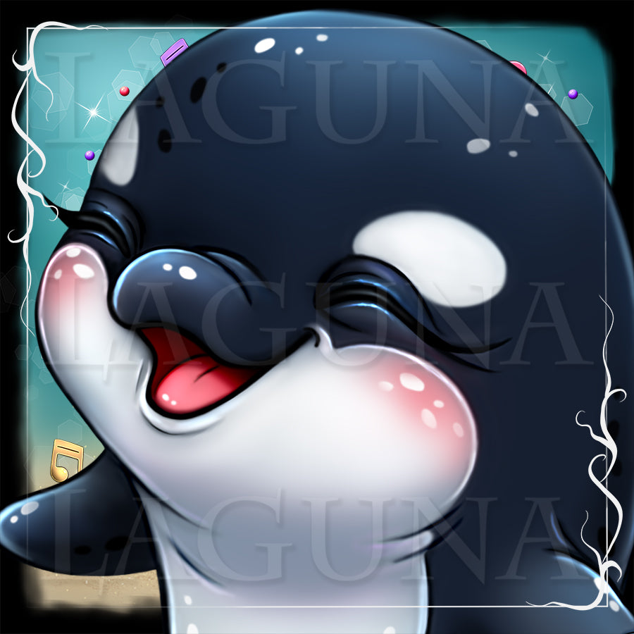 Cartoon orca whale with a happy expression on a blue background