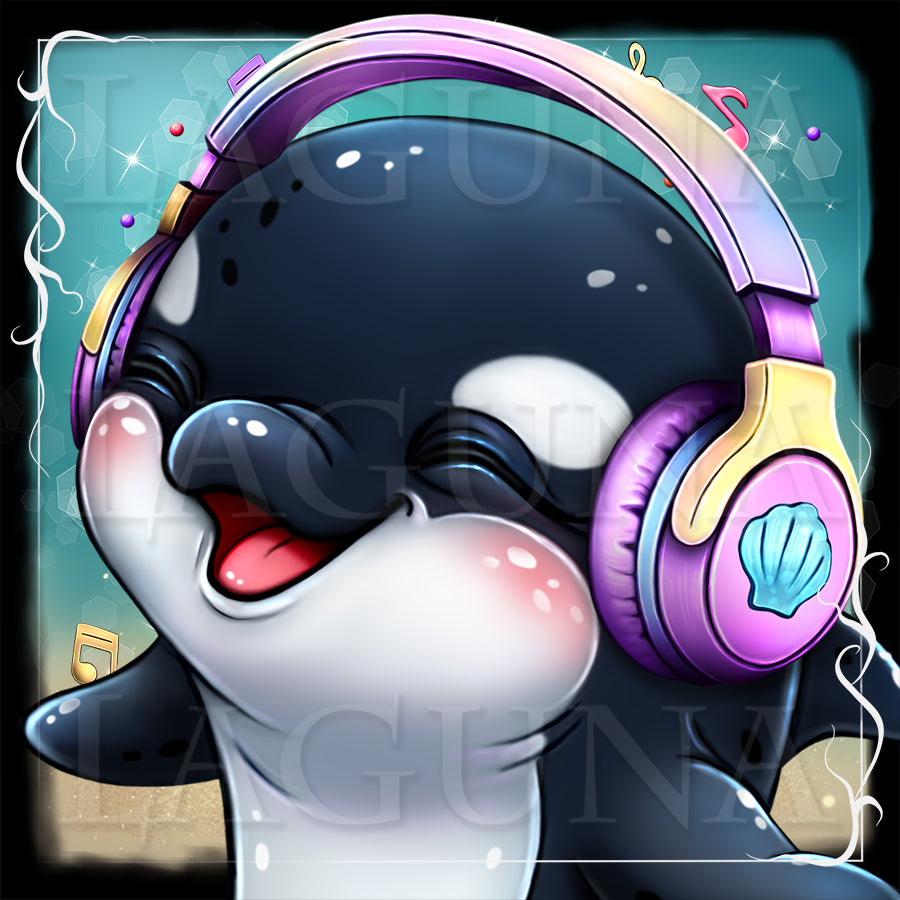 Cartoon orca wearing colorful headphones with a musical theme