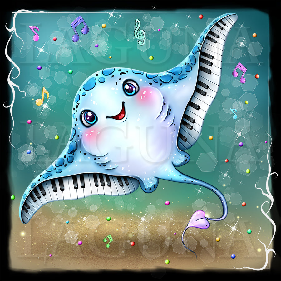 A whimsical cartoon stingray with piano keys for fins and a smiling face, set against a teal underwater-style background with musical notes, stars, and a sandy bottom.