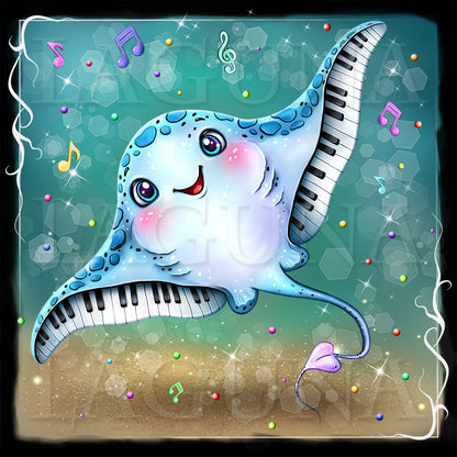 A whimsical cartoon stingray with piano keys for fins and a smiling face, set against a teal underwater-style background with musical notes, stars, and a sandy bottom.