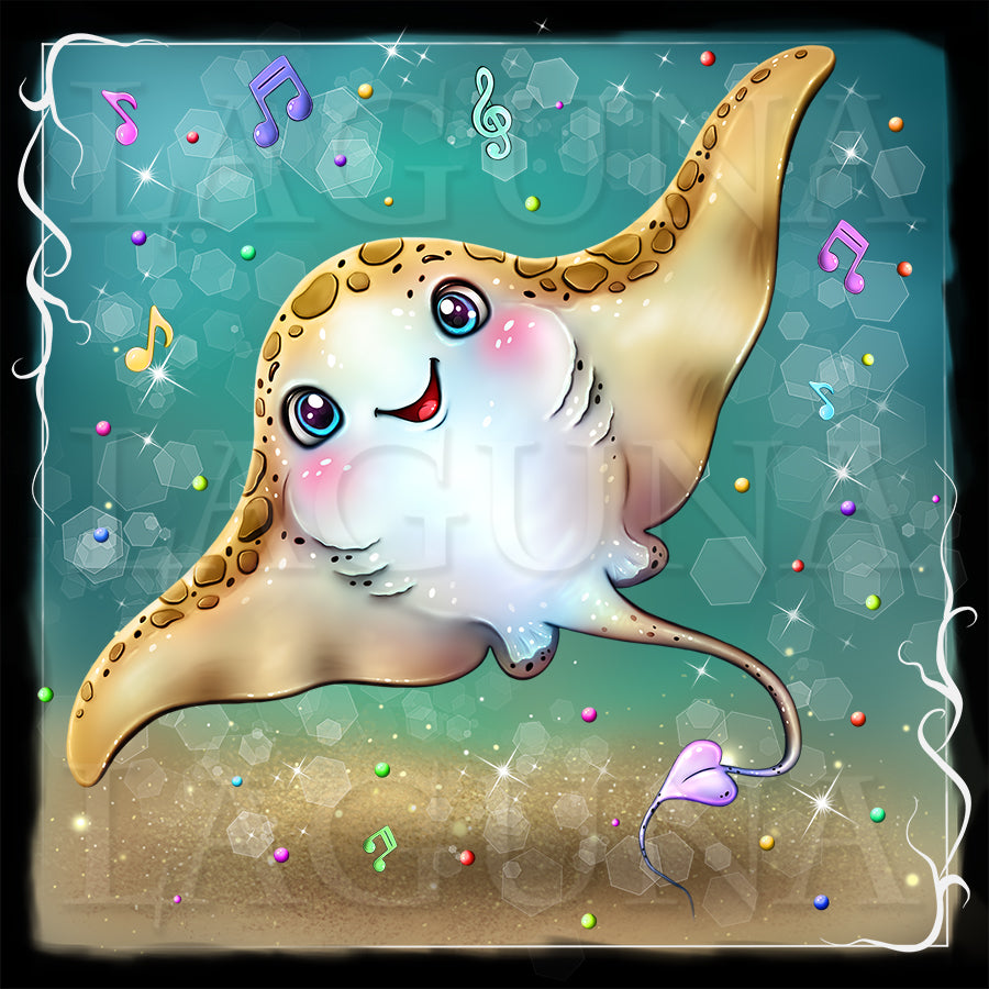 A whimsical cartoon illustration of a smiling manta ray floating in an underwater scene, with colorful musical notes, sparkles, and a purple heart around it. The background is teal-blue with soft light effects and a dark decorative border.