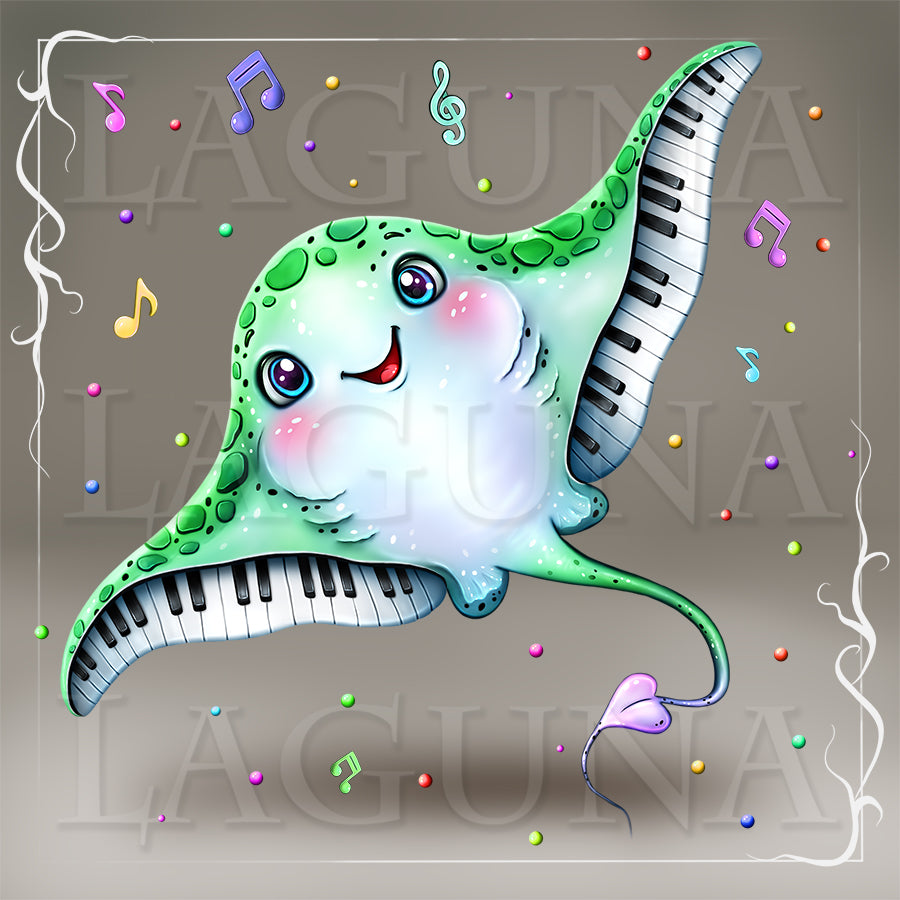 A cute cartoon stingray with a smiling face and piano keys along its body.