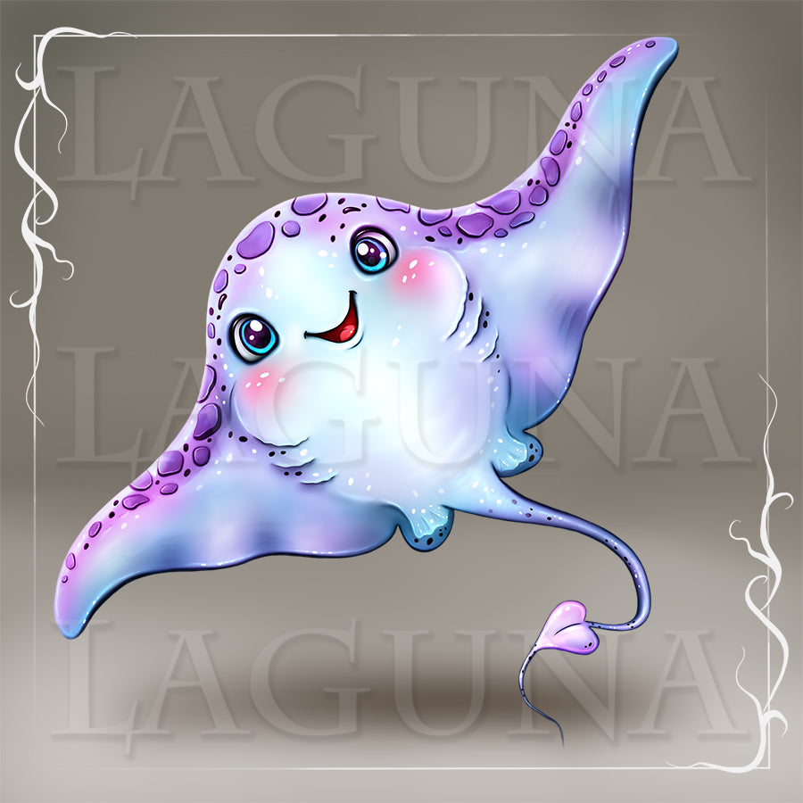 A cute cartoon stingray illustration with a smiling face, large blue eyes, pink cheeks, and purple spots on its body and wing.