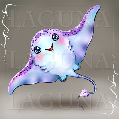 A cute cartoon stingray illustration with a smiling face, large blue eyes, pink cheeks, and purple spots on its body and wing.