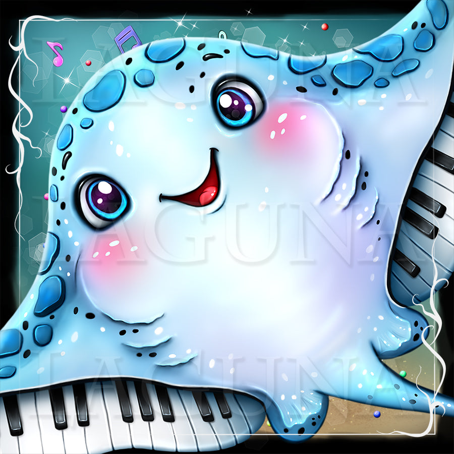 A stylized cartoon illustration of a light blue and white manta ray character with large expressive eyes, pink cheeks, and a smiling mouth.