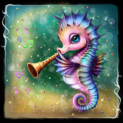 An illustration of a cute kawaii seahorse playing flute. Character separate from background, psd file.