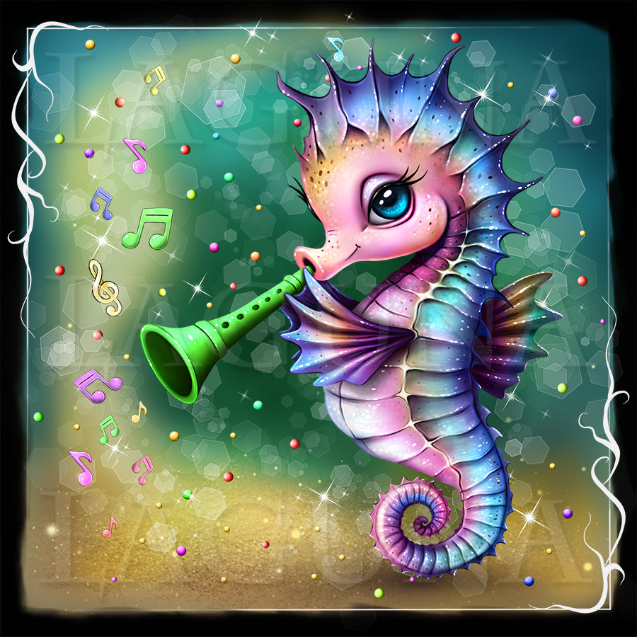 Cuteness overload! Cute cartoon horse playing flute on a multi-colored background.