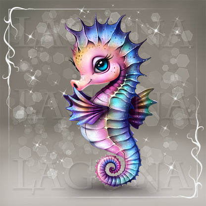 Cute cartoon kawaii seahorse. PSD file, character separate from background, color options.
