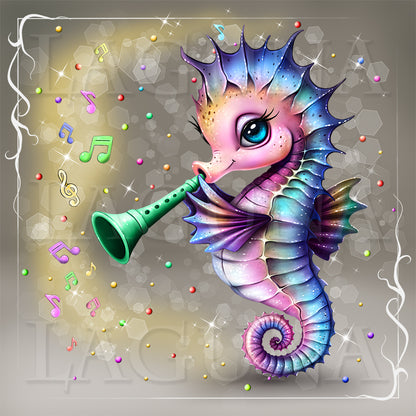 Baby seahorse with big blue eyes playing flute. Hight res psd file, character separate from background.