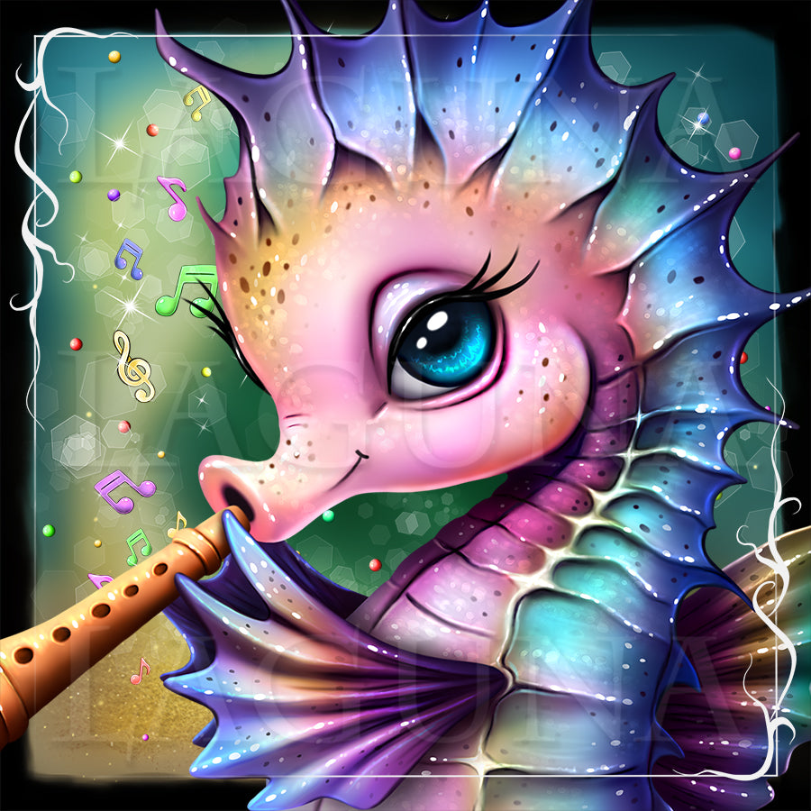 Highly detailed close-up of a cute kawaii baby seahorse.