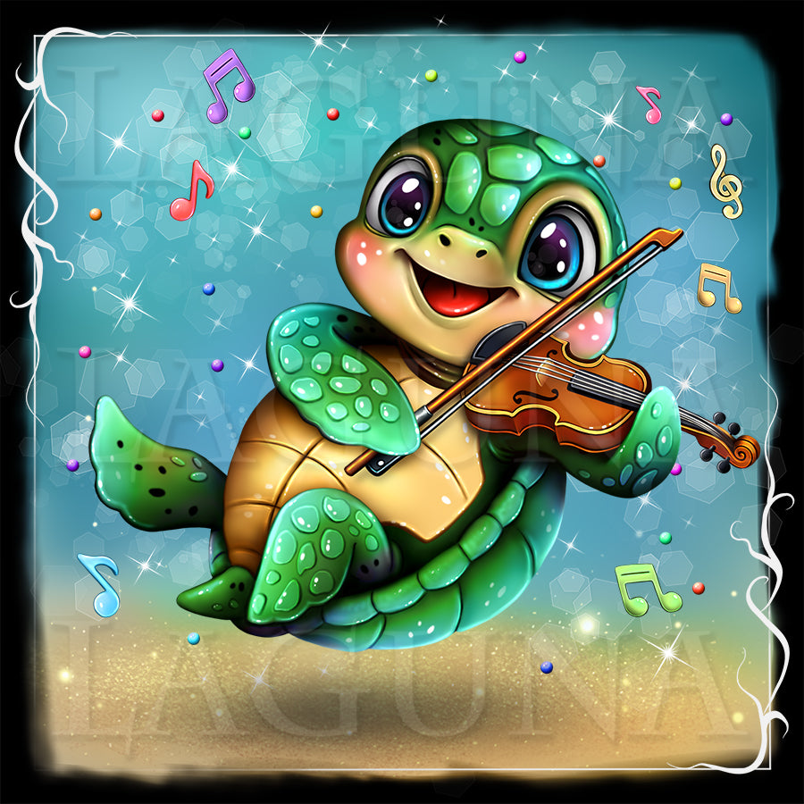 A cute cartoon sea turtle playing a violin, with colorful musical notes floating around it on a sparkling blue background.