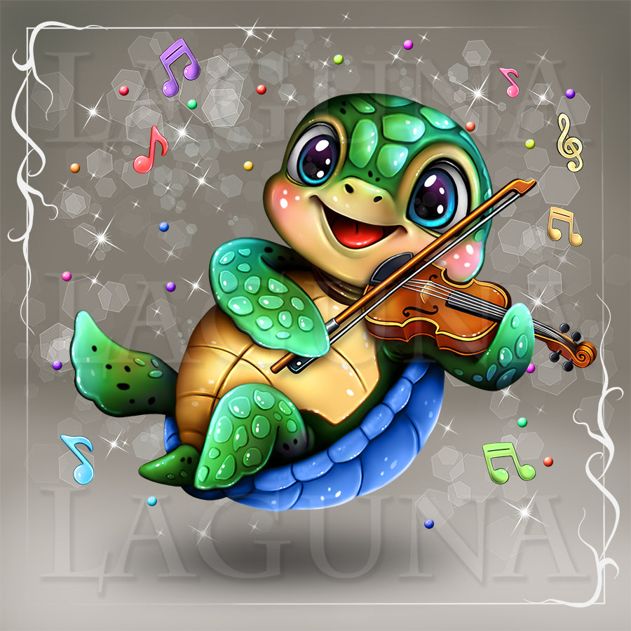 A cartoon sea turtle playing a fiddle, with colorful musical notes and sparkles around it on a gray background.