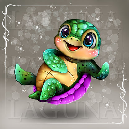 A cute cartoon sea turtle illustration with a green head and flippers, a violet shell, and a yellow belly.