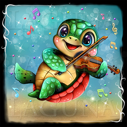 A colorful cartoon sea turtle playing a violin, centered on a glittery blue background with floating musical notes and sparkles. The turtle has red shell, green flippers, a tan face and belly.