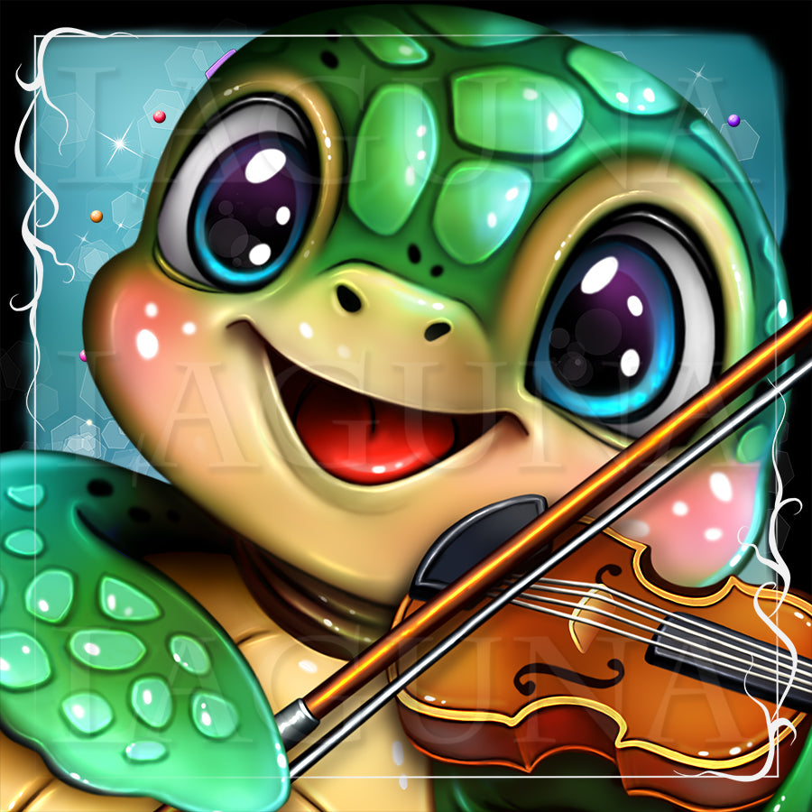 A close-up of cartoon sea turtle with large blue eyes, smiling while playing a brown violin. 