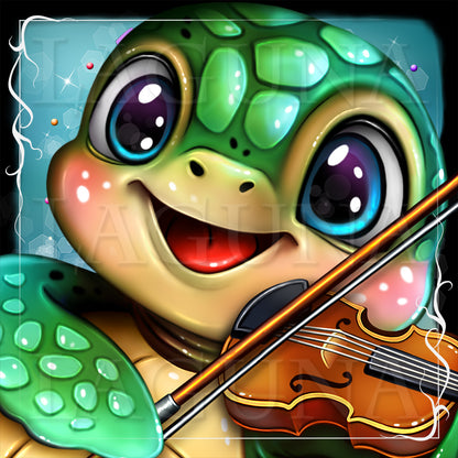 A close-up of cartoon sea turtle with large blue eyes, smiling while playing a brown violin. 