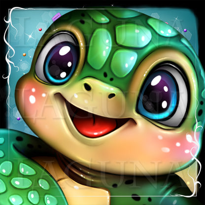 A close-up cartoon illustration of a smiling green sea turtle with large blue-purple eyes, pink cheeks, and a red mouth, set against a teal background with decorative sparkles and a white border.