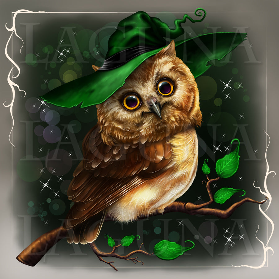 Owl in Hat Sitting on Branch