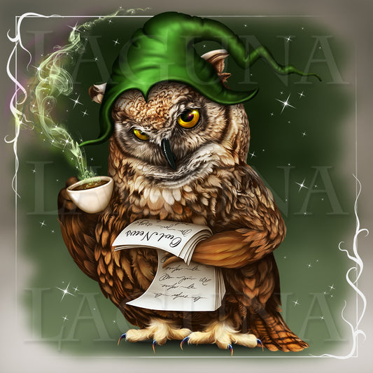 Owl with Cup of Tea and a Newspaper