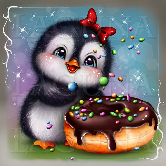 Cartoon penguin with a bow eating a donut with chocolate glaze and colorful sprinkles on a decorative background.