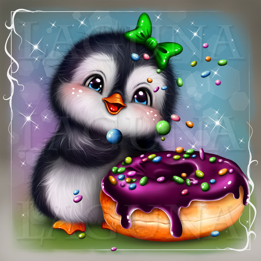 Cartoon penguin with a colorful donut and sprinkles on a decorative background
