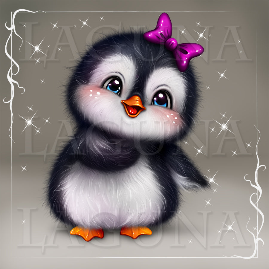Cartoon penguin with a purple bow on a gray background