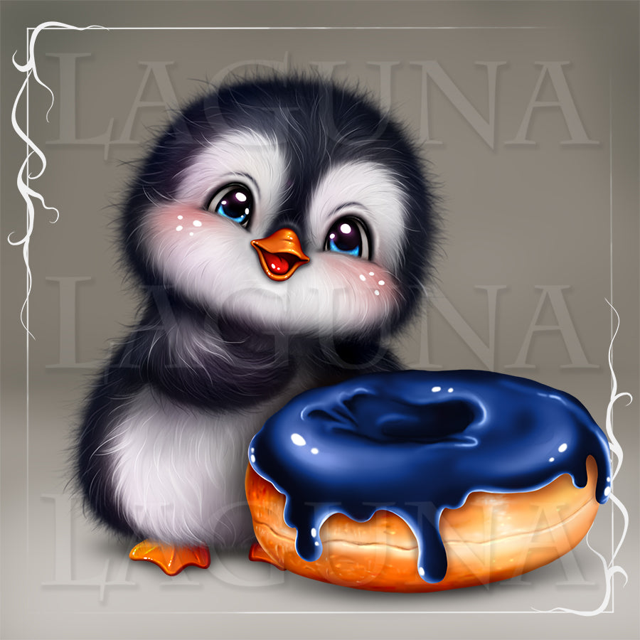 Illustration of a penguin with a blue donut on a gray background