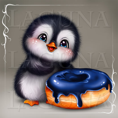 Illustration of a penguin with a blue donut on a gray background